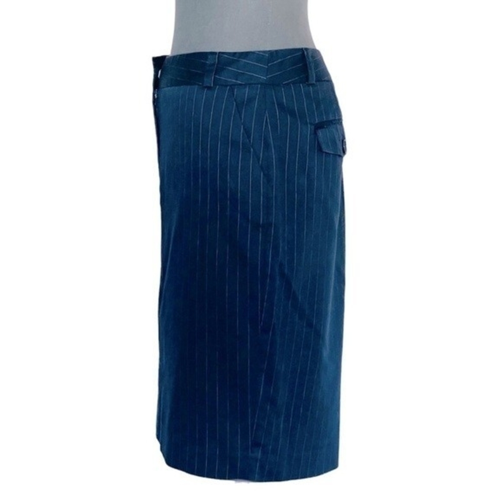 Women's Navy Blue Striped Cotton Pencil Skirt S Front Zip Midi Office EXC - Picture 5 of 7